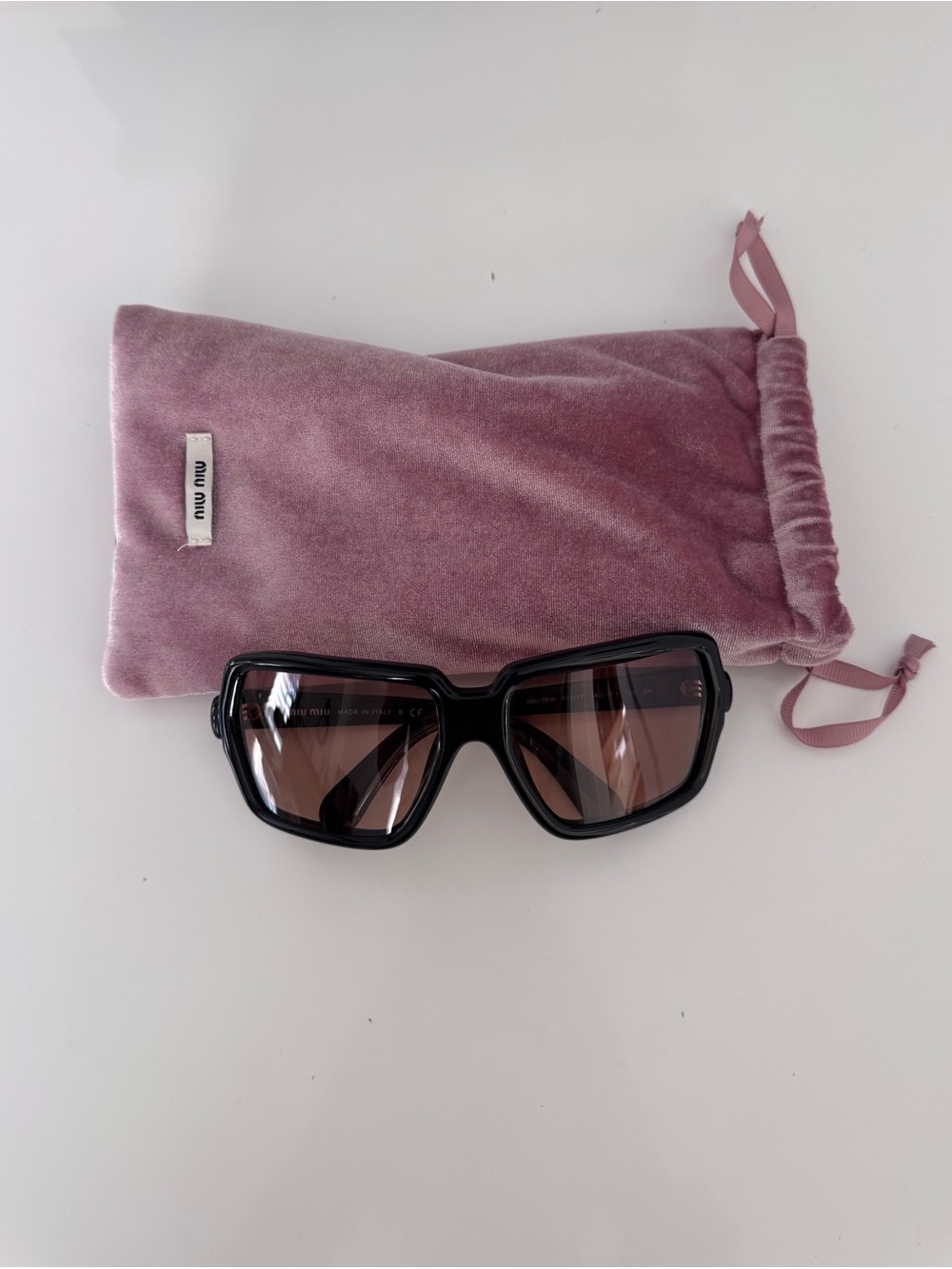 Miu Miu Black Frame Sunglasses with Pink Velvet Pouch